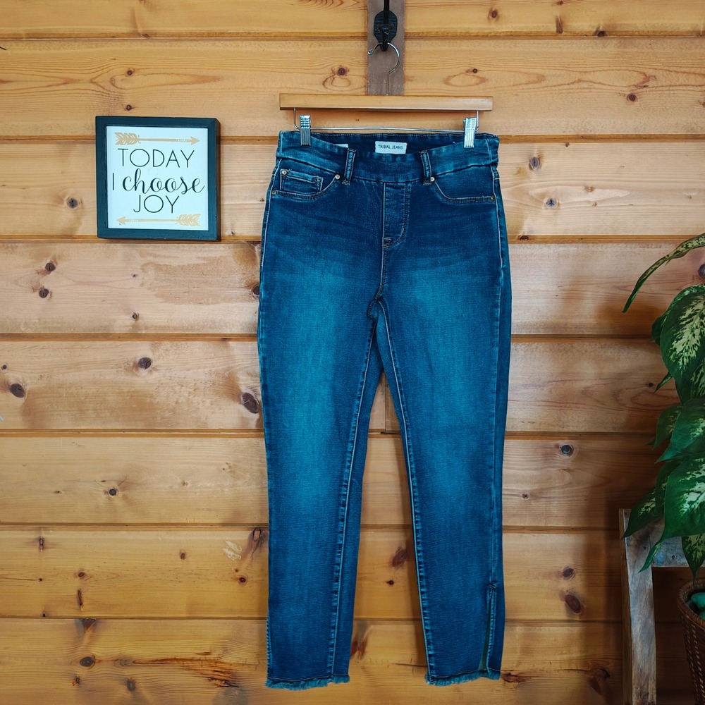 Tribal Audrey Mid Rise Pull On Ankle Jegging Denim Split Hem Stone Stretch Sz 6